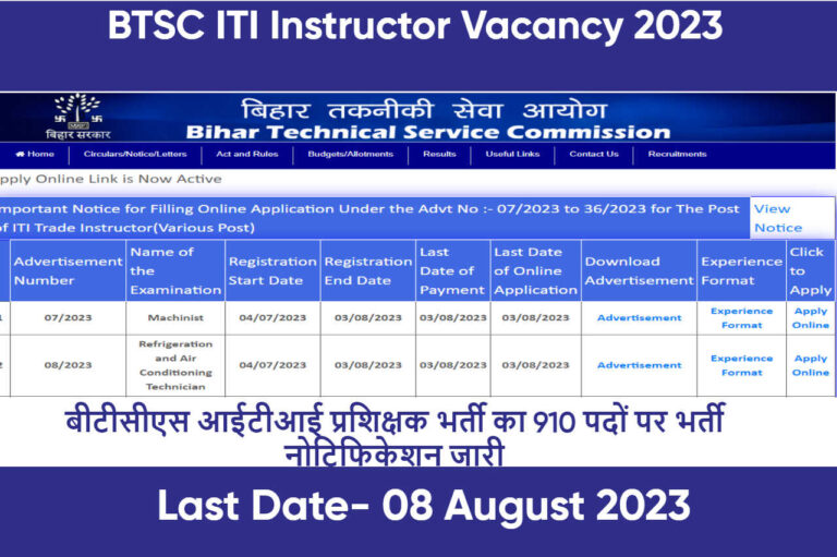 BTSC ITI Instructor Vacancy 2023